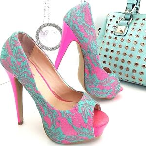 🔖Material Girl💖Platform Pumps💖Open Toe| Pink Patent Stiletto Heels